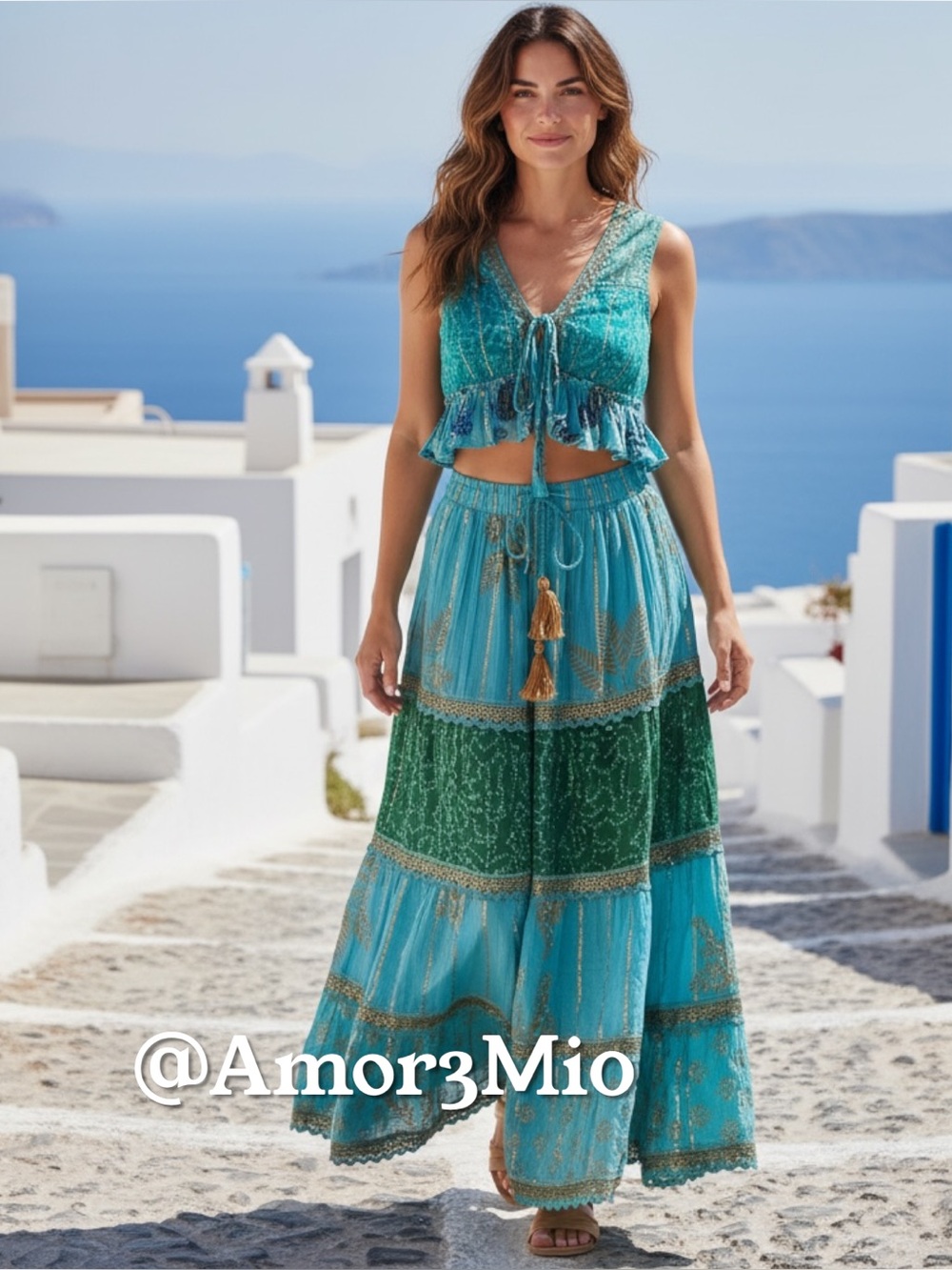 Boho Patchwork Crop Top & Maxi Skirt Set Handmade in India turquoise one size